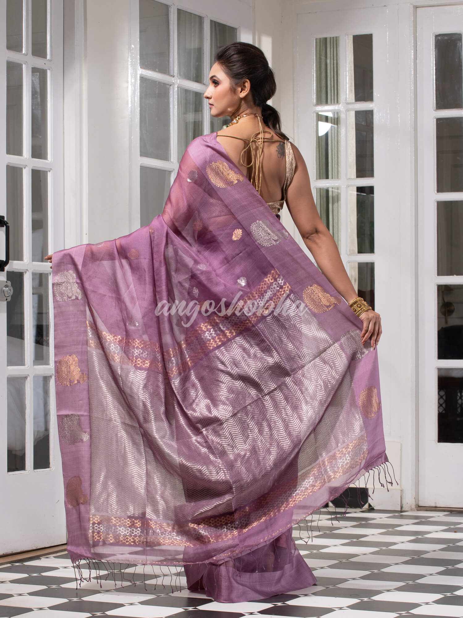 Lilac Purple Pure Muslin Silk Handwoven Saree