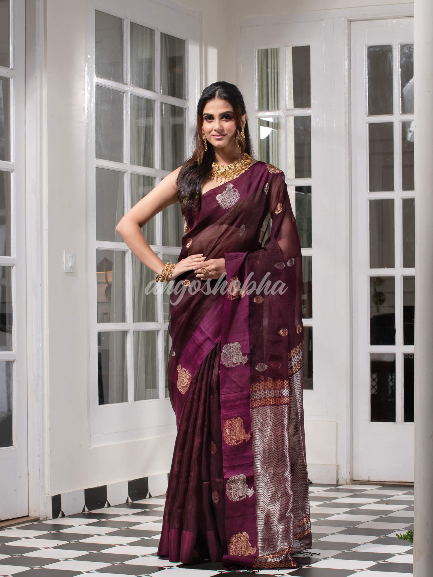 Wine Pure Muslin Silk Handwoven Saree