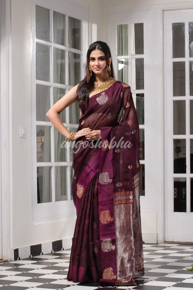 Wine Pure Muslin Silk Handwoven Saree