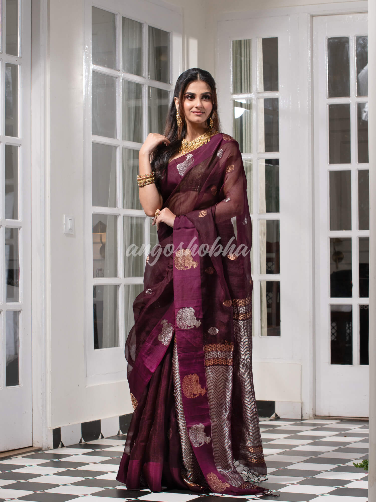 Wine Pure Muslin Silk Handwoven Saree