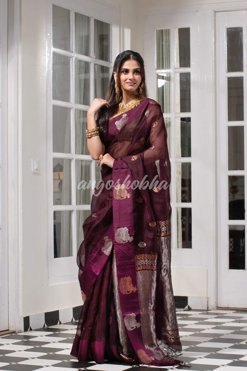 Wine Pure Muslin Silk Handwoven Saree