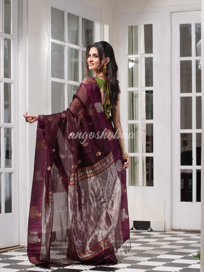 Wine Pure Muslin Silk Handwoven Saree