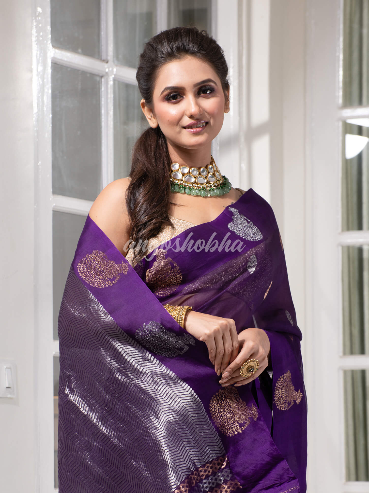 Purple Pure Muslin Silk Handwoven Saree
