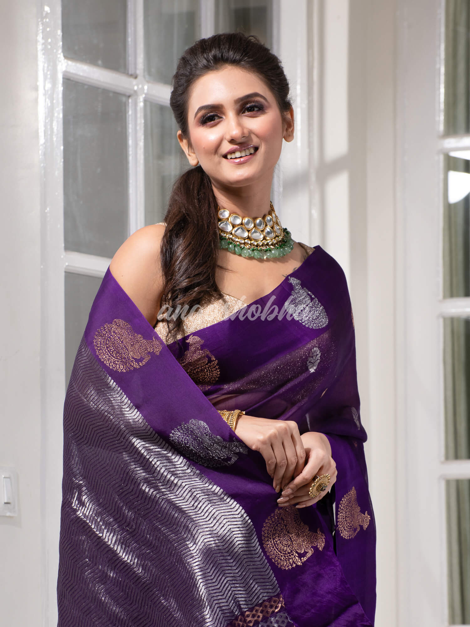 Purple Pure Muslin Silk Handwoven Saree