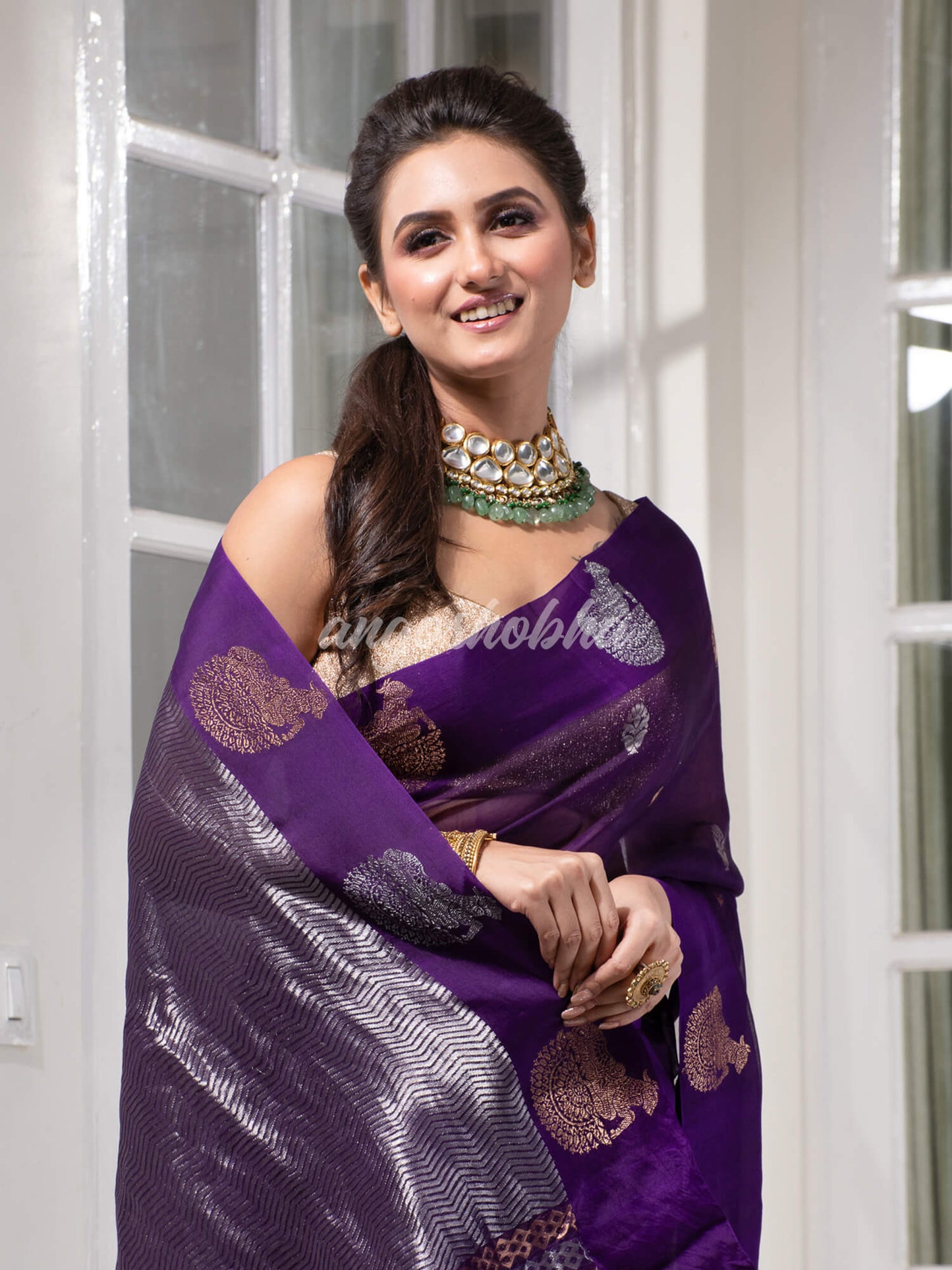 Purple Pure Muslin Silk Handwoven Saree