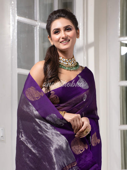 Purple Pure Muslin Silk Handwoven Saree