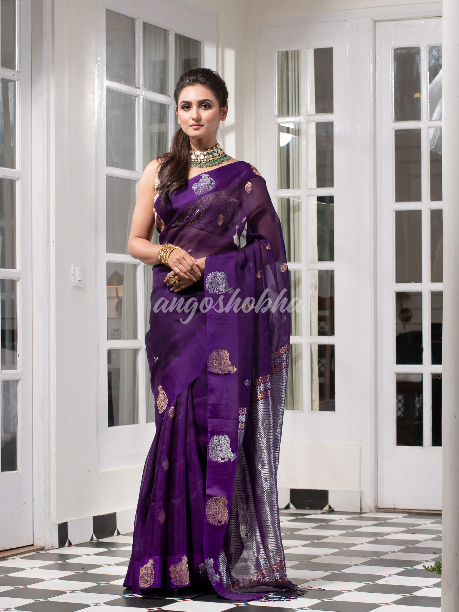 Purple Pure Muslin Silk Handwoven Saree