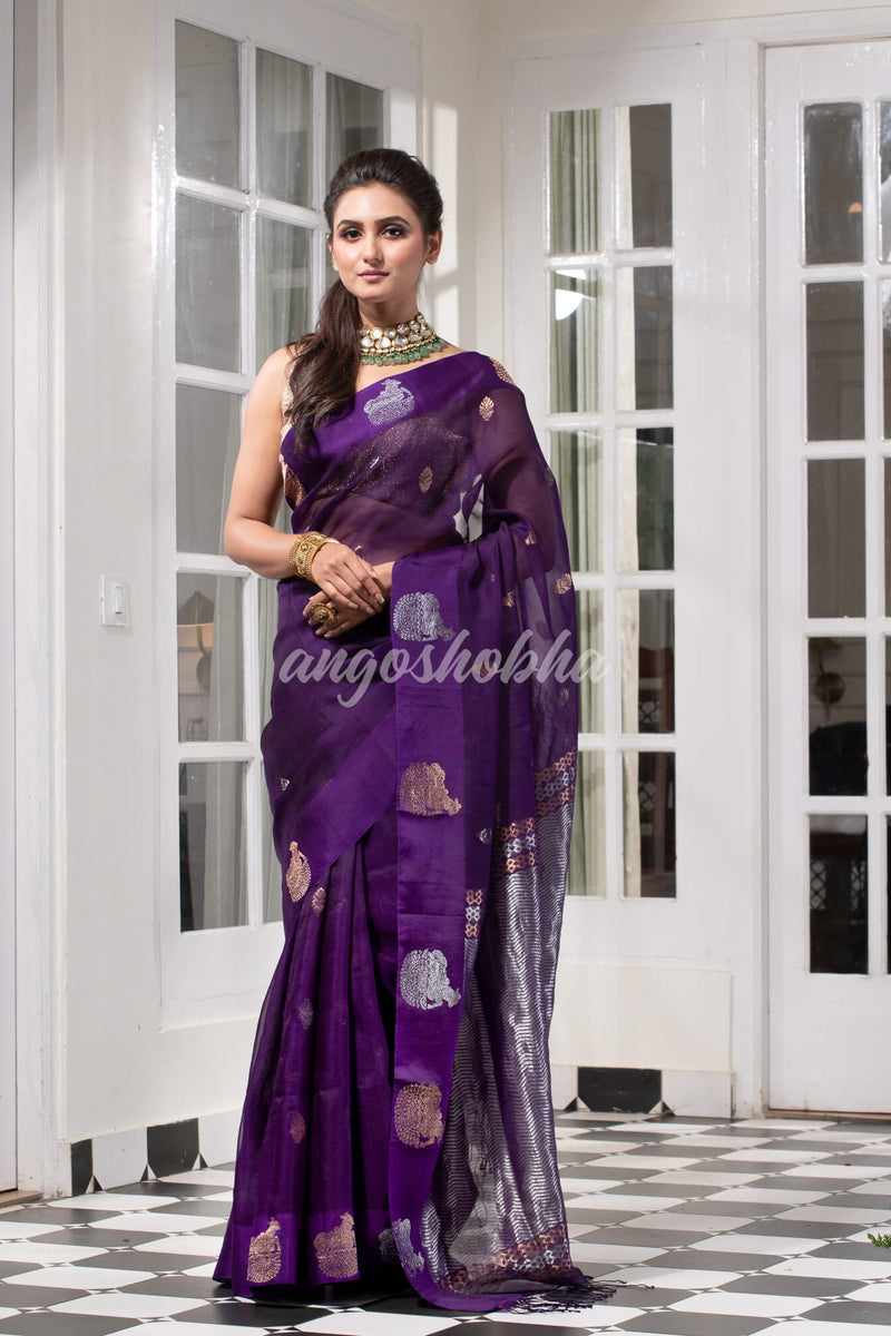 Purple Pure Muslin Silk Handwoven Saree