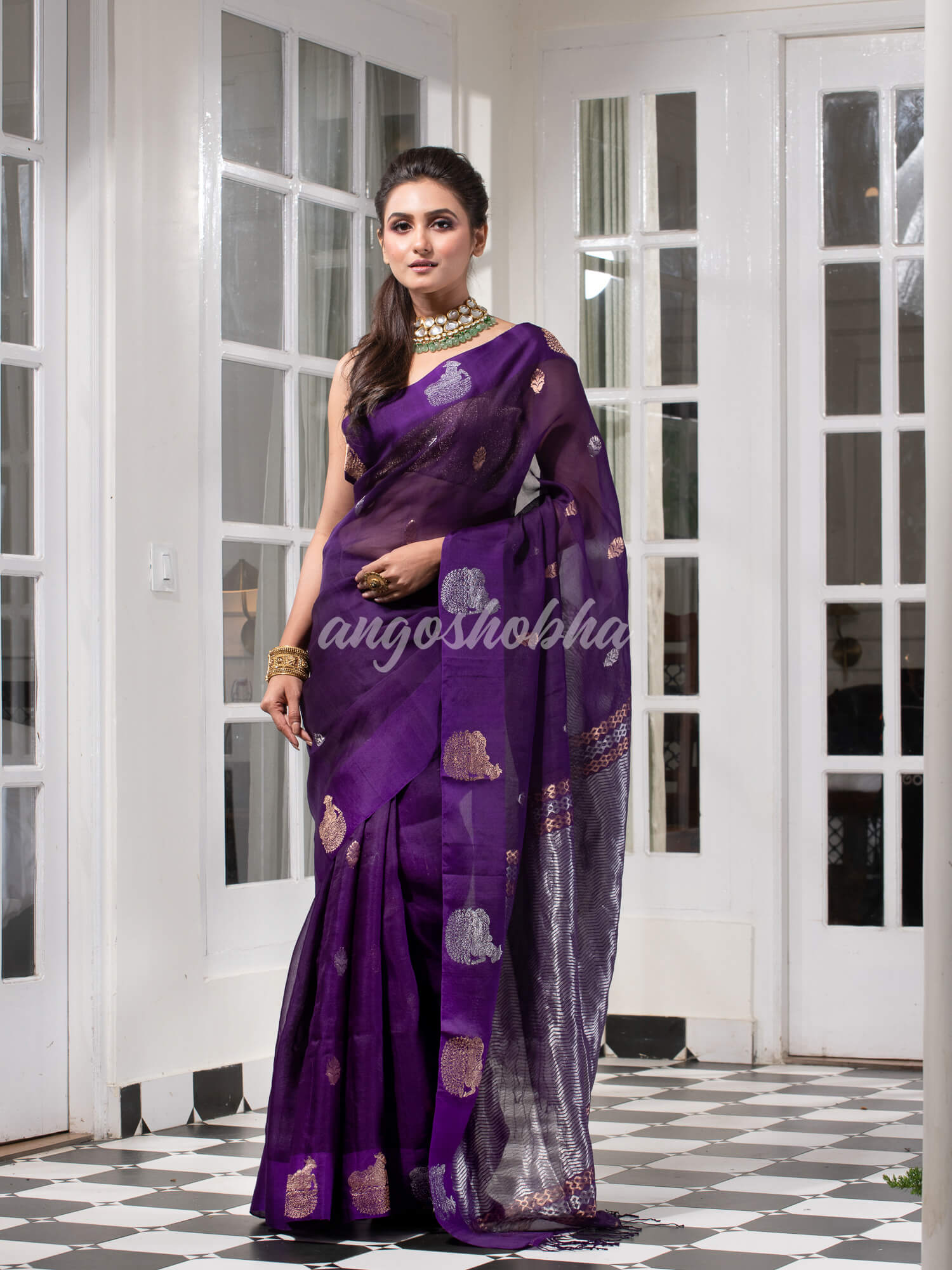 Purple Pure Muslin Silk Handwoven Saree