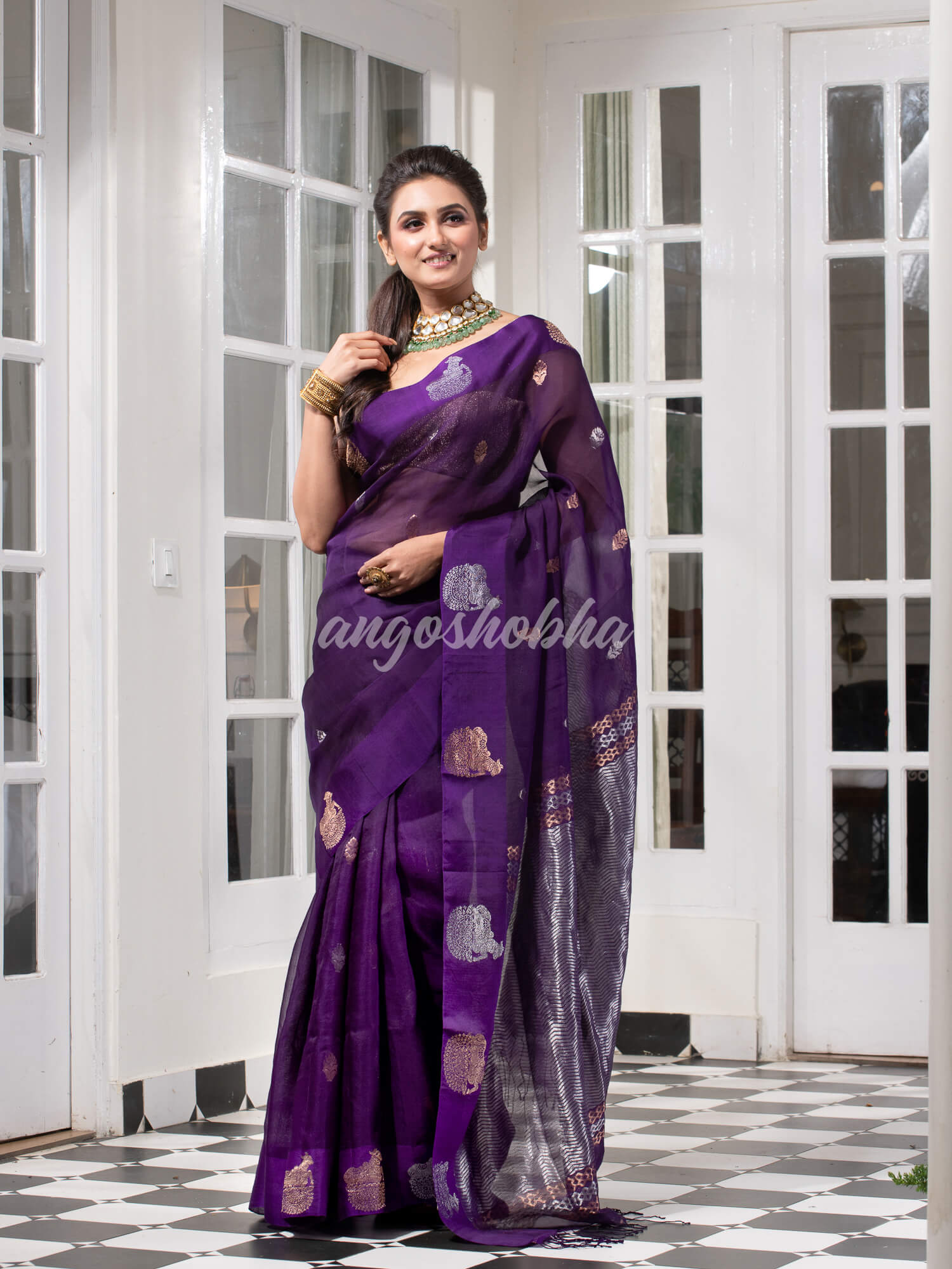 Purple Pure Muslin Silk Handwoven Saree