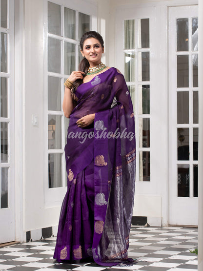 Purple Pure Muslin Silk Handwoven Saree