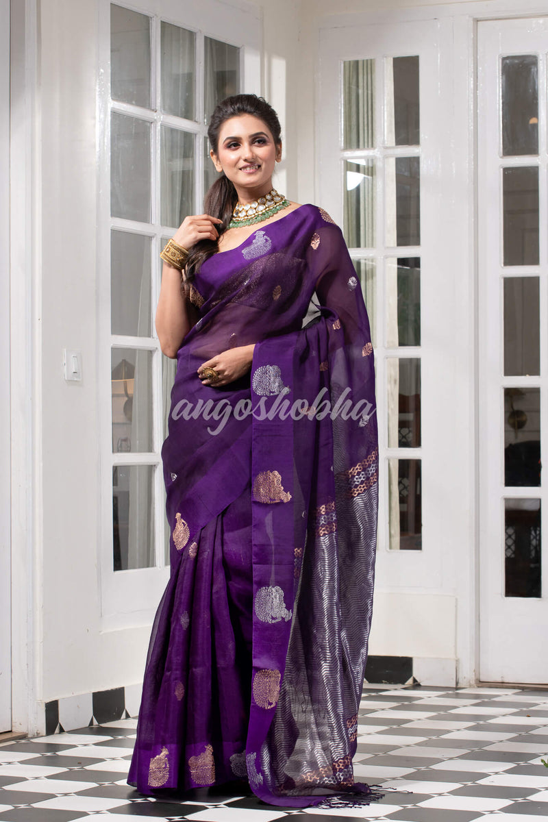 Purple Pure Muslin Silk Handwoven Saree
