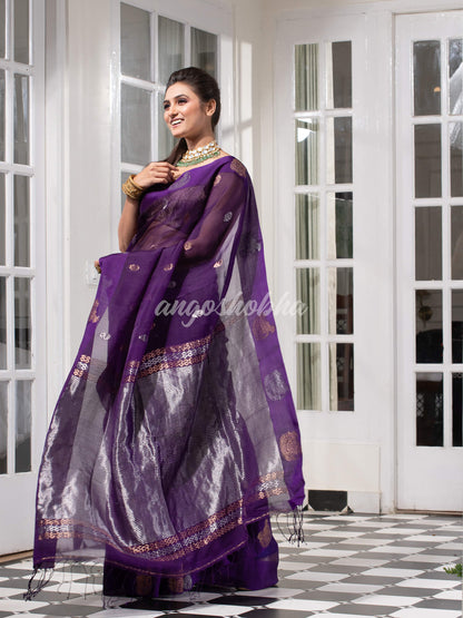 Purple Pure Muslin Silk Handwoven Saree