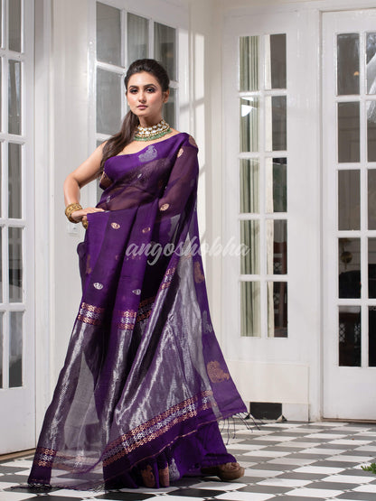 Purple Pure Muslin Silk Handwoven Saree
