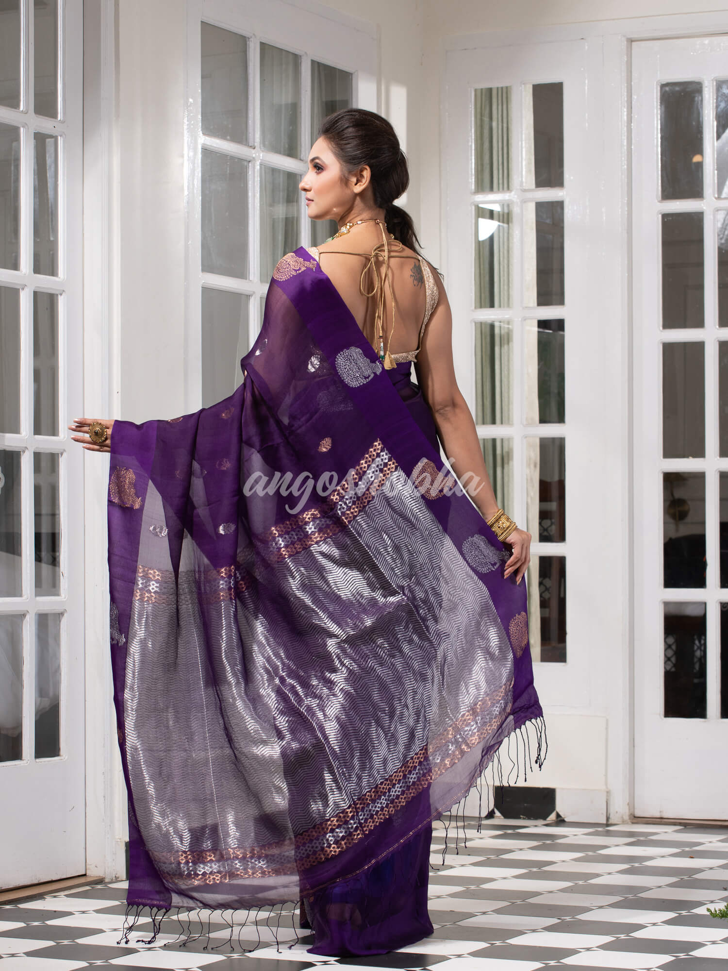 Purple Pure Muslin Silk Handwoven Saree