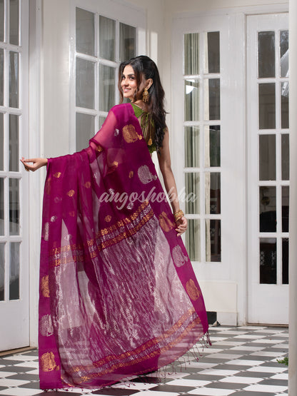 Berry Magenta Pure Muslin Silk Handwoven Saree