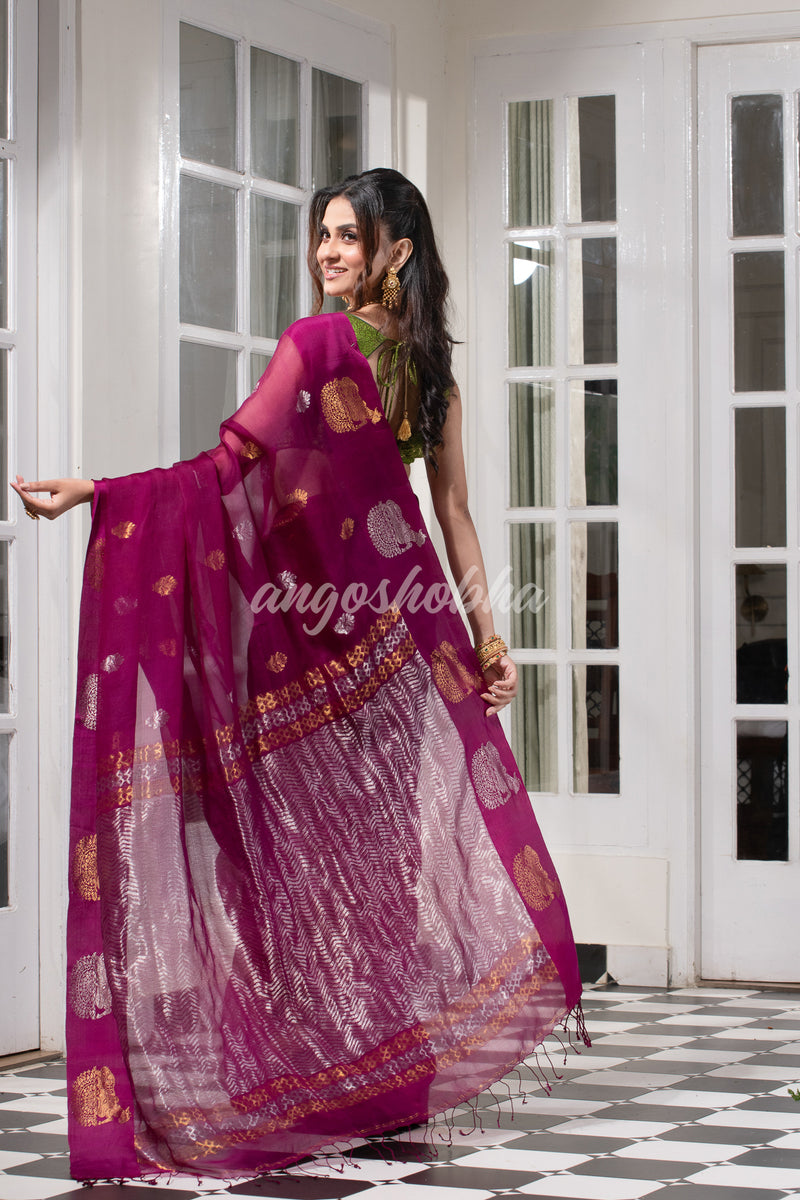 Berry Magenta Pure Muslin Silk Handwoven Saree