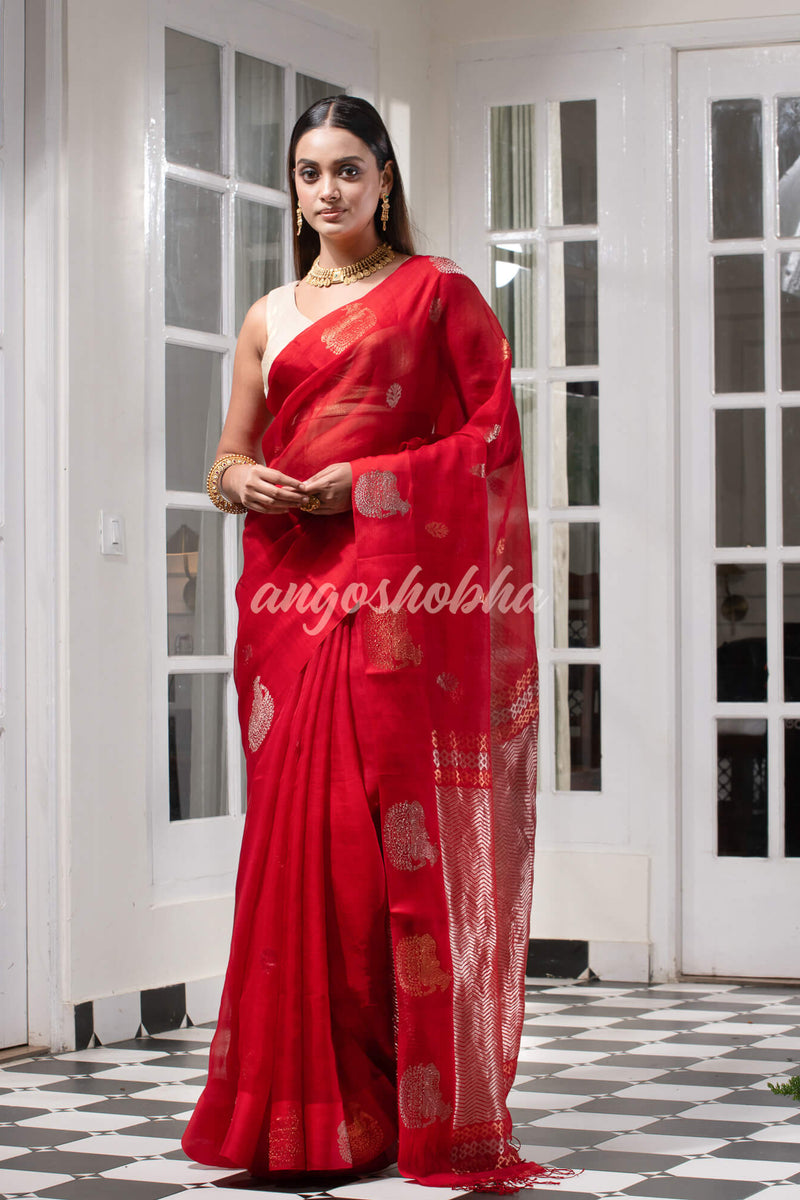 Red Pure Muslin Silk Handwoven Saree