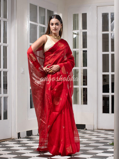 Red Pure Muslin Silk Handwoven Saree