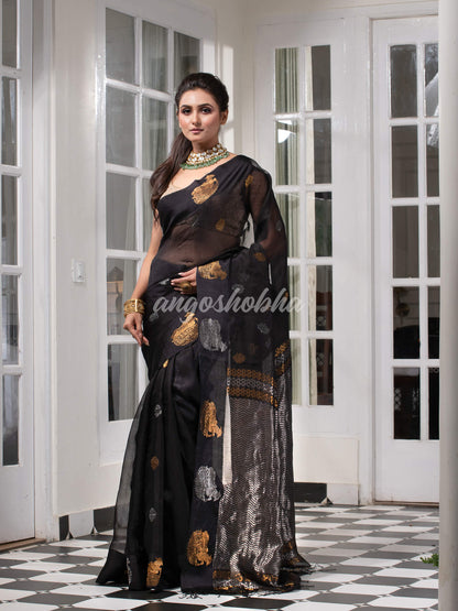 Black Pure Muslin Silk Handwoven Saree