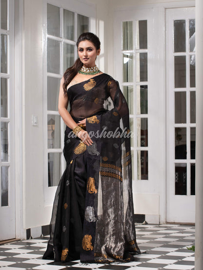 Black Pure Muslin Silk Handwoven Saree