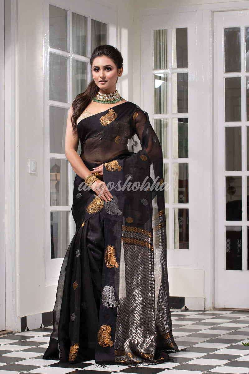 Black Pure Muslin Silk Handwoven Saree