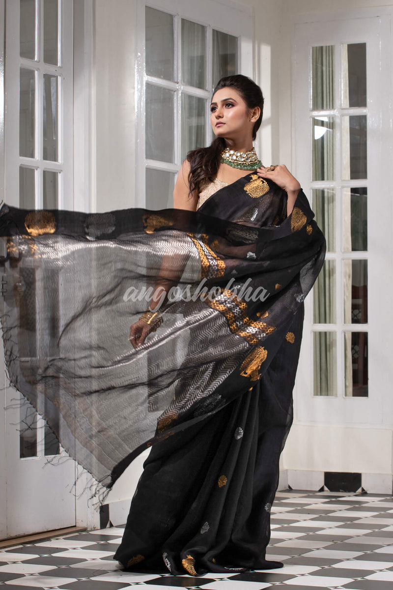 Black Pure Muslin Silk Handwoven Saree