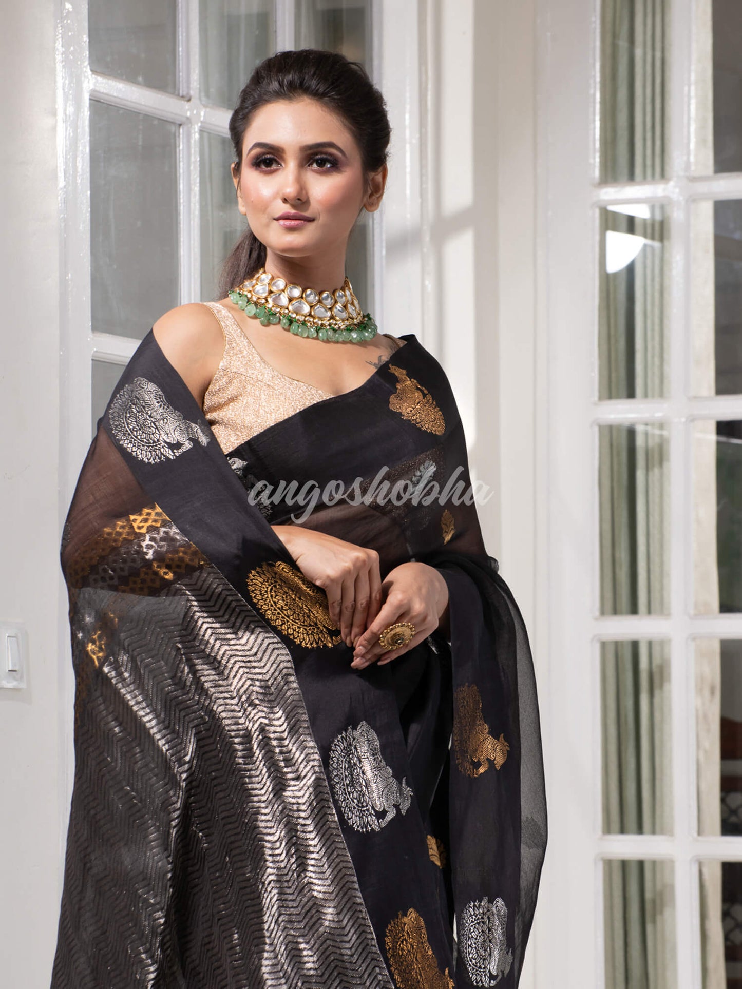 Black Pure Muslin Silk Handwoven Saree