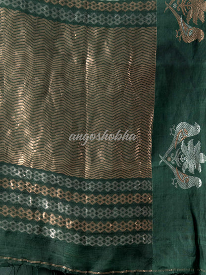 Moss Green Pure Muslin Intricate Bird Design Border Handwoven Saree