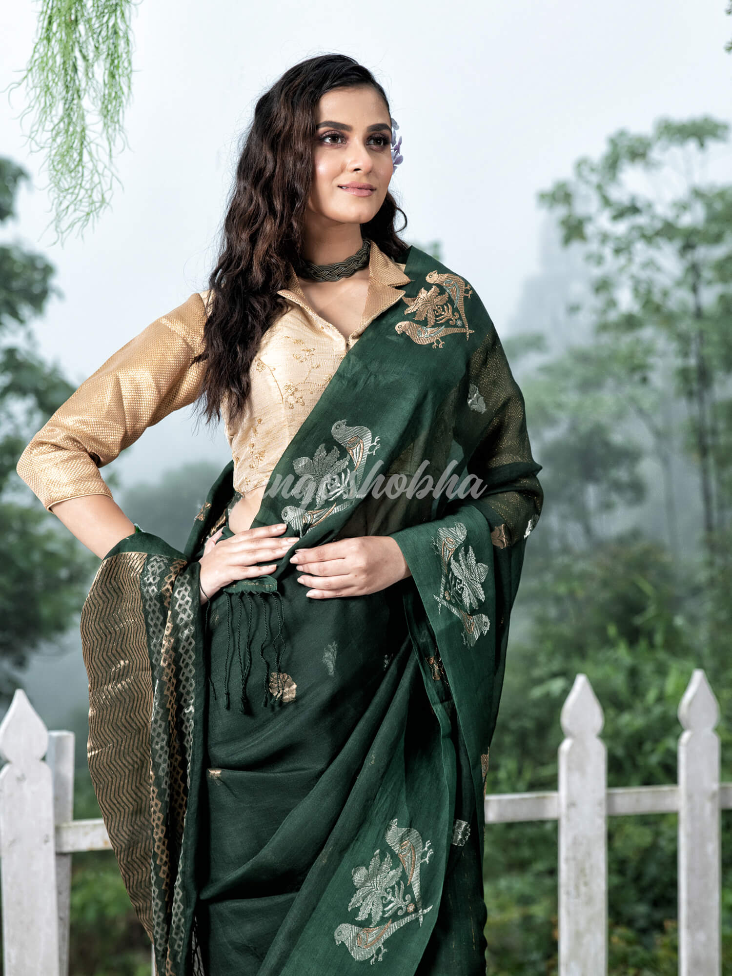 Moss Green Pure Muslin Intricate Bird Design Border Handwoven Saree