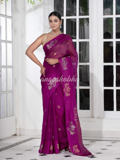 Mulberry Pure Muslin Intricate Bird Design Border Handwoven Saree