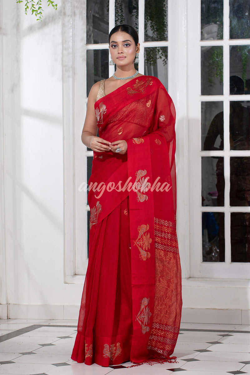 Red Pure Muslin Intricate Bird Design Border Handwoven Saree