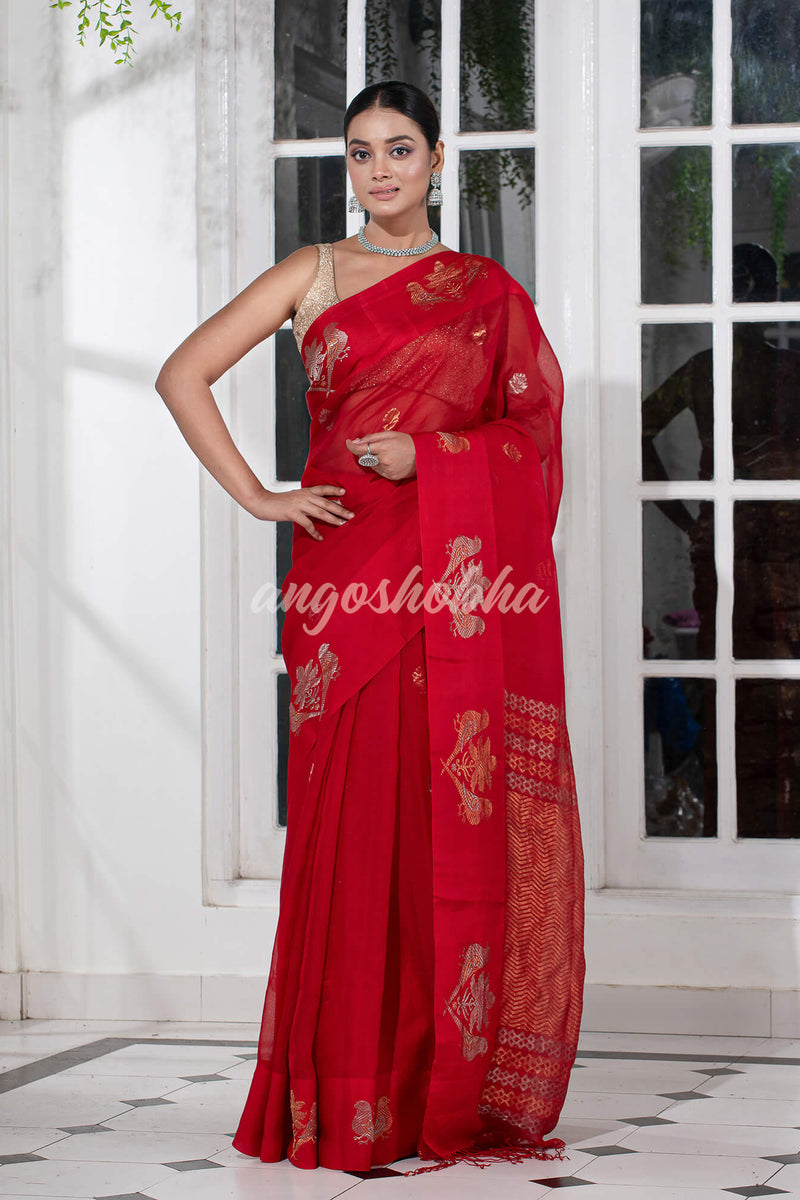 Red Pure Muslin Intricate Bird Design Border Handwoven Saree