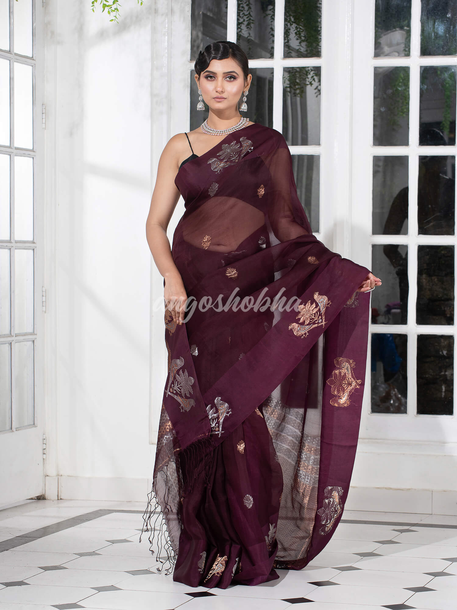Boysenberry Pure Muslin Intricate Bird Design Border Handwoven Saree