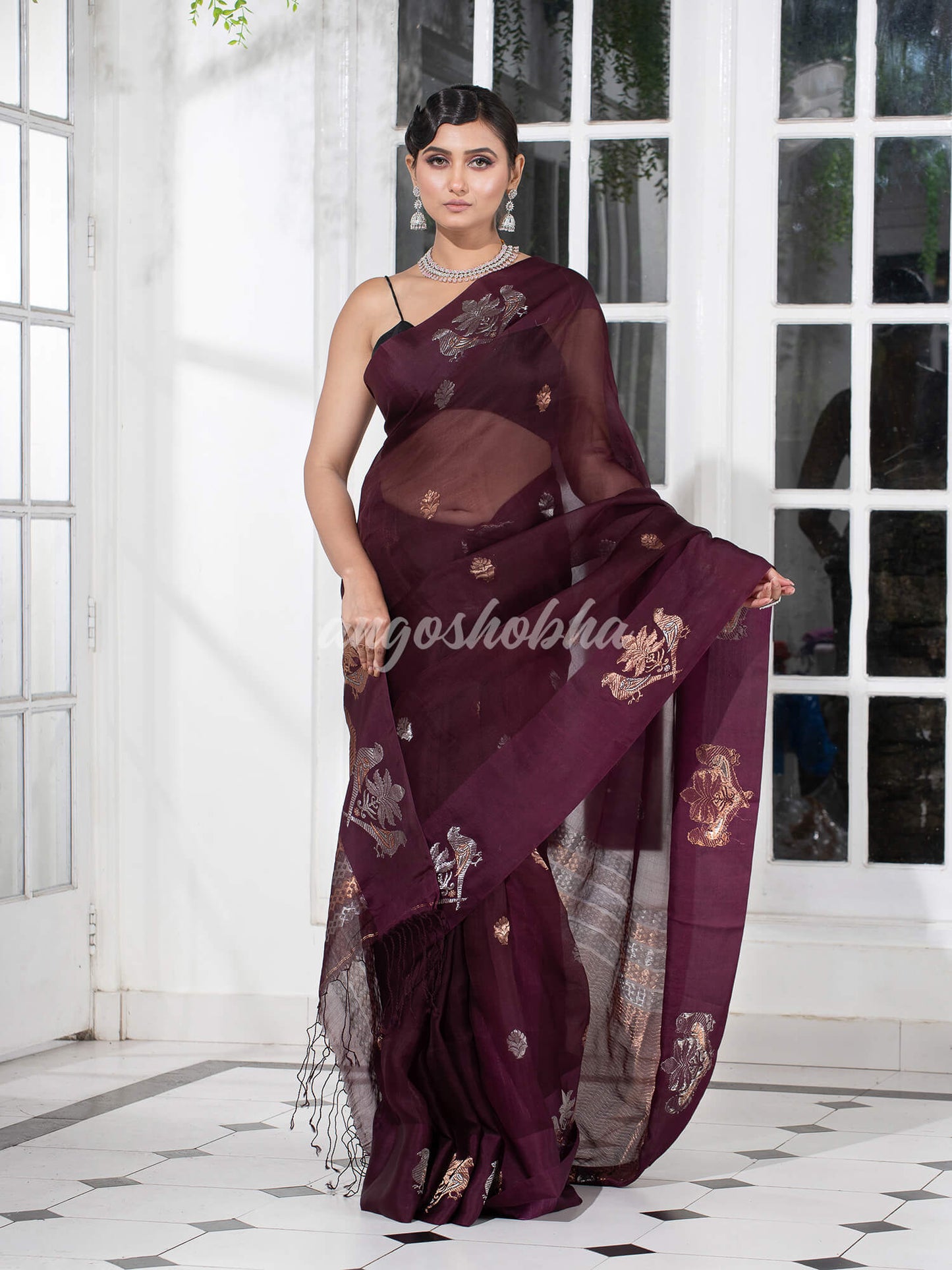 Boysenberry Pure Muslin Intricate Bird Design Border Handwoven Saree