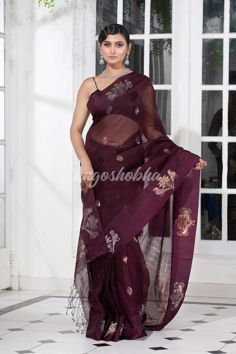 Boysenberry Pure Muslin Intricate Bird Design Border Handwoven Saree