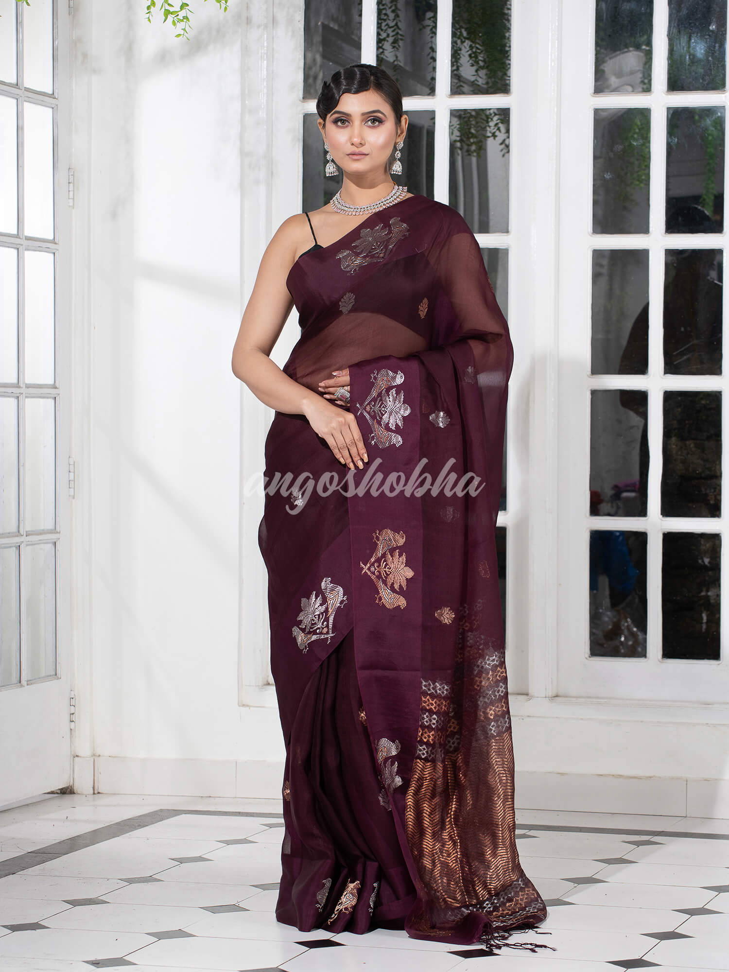 Boysenberry Pure Muslin Intricate Bird Design Border Handwoven Saree