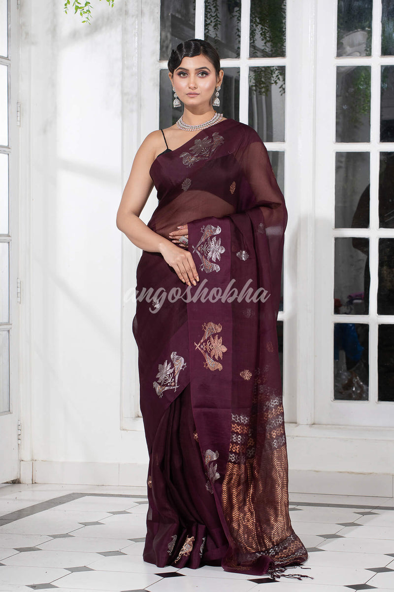 Boysenberry Pure Muslin Intricate Bird Design Border Handwoven Saree