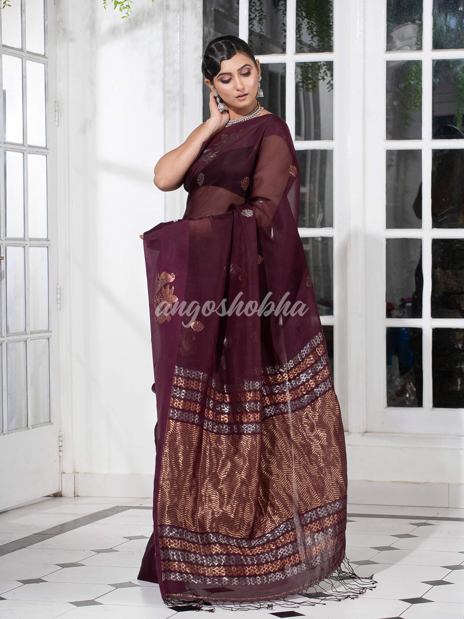 Boysenberry Pure Muslin Intricate Bird Design Border Handwoven Saree