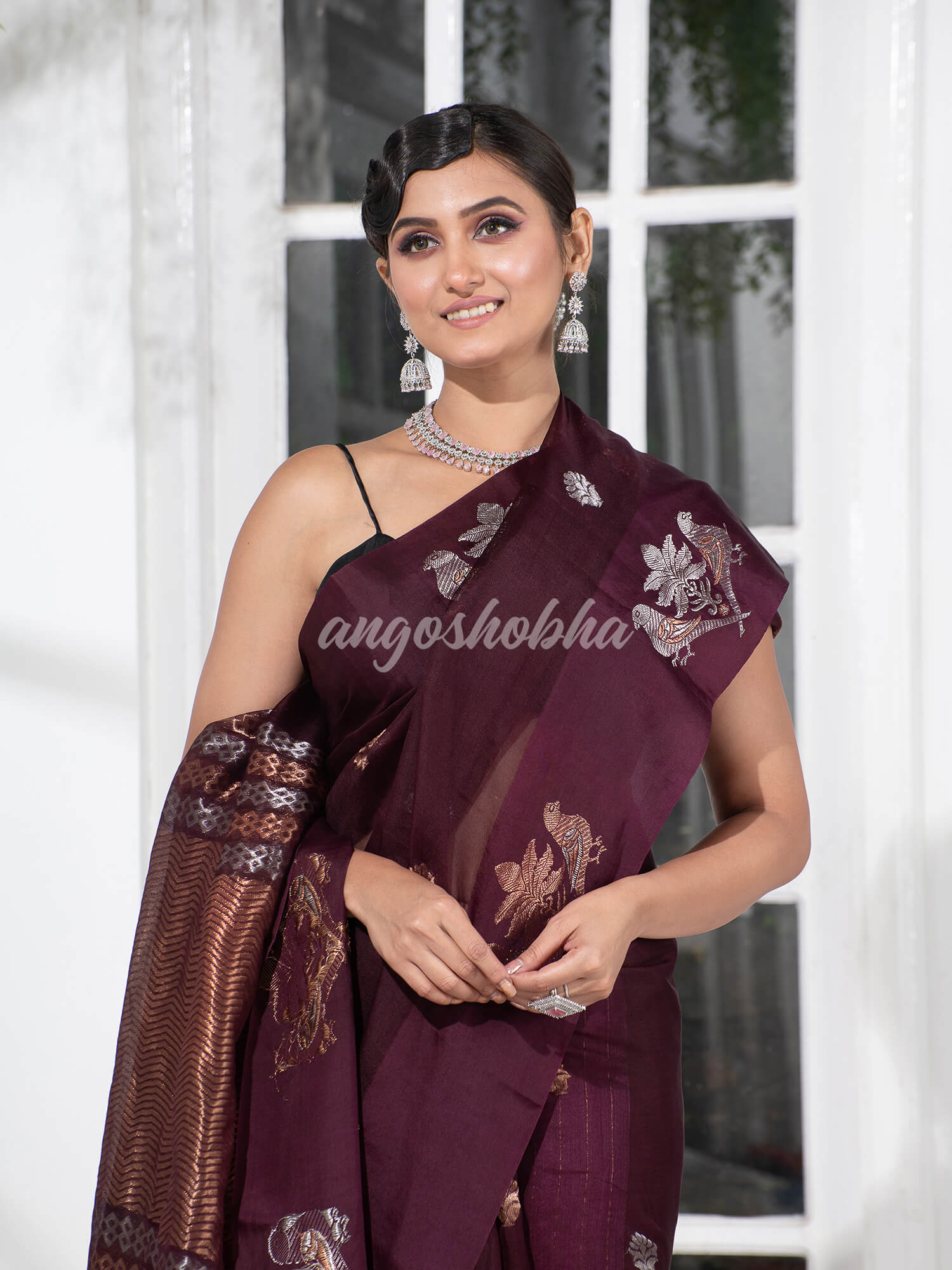 Boysenberry Pure Muslin Intricate Bird Design Border Handwoven Saree
