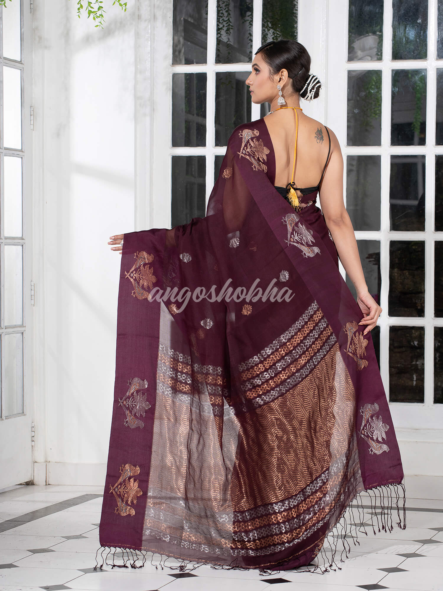 Boysenberry Pure Muslin Intricate Bird Design Border Handwoven Saree