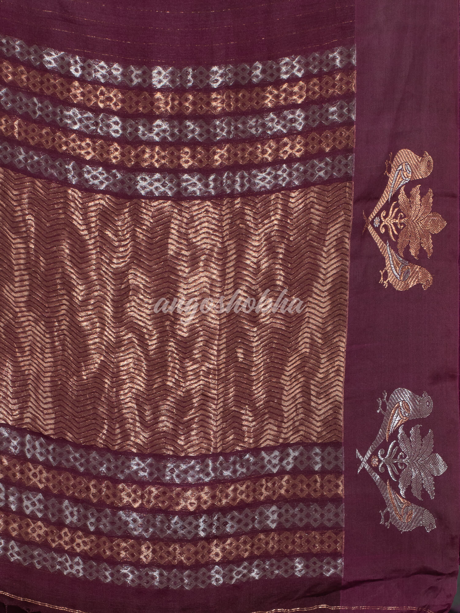 Boysenberry Pure Muslin Intricate Bird Design Border Handwoven Saree
