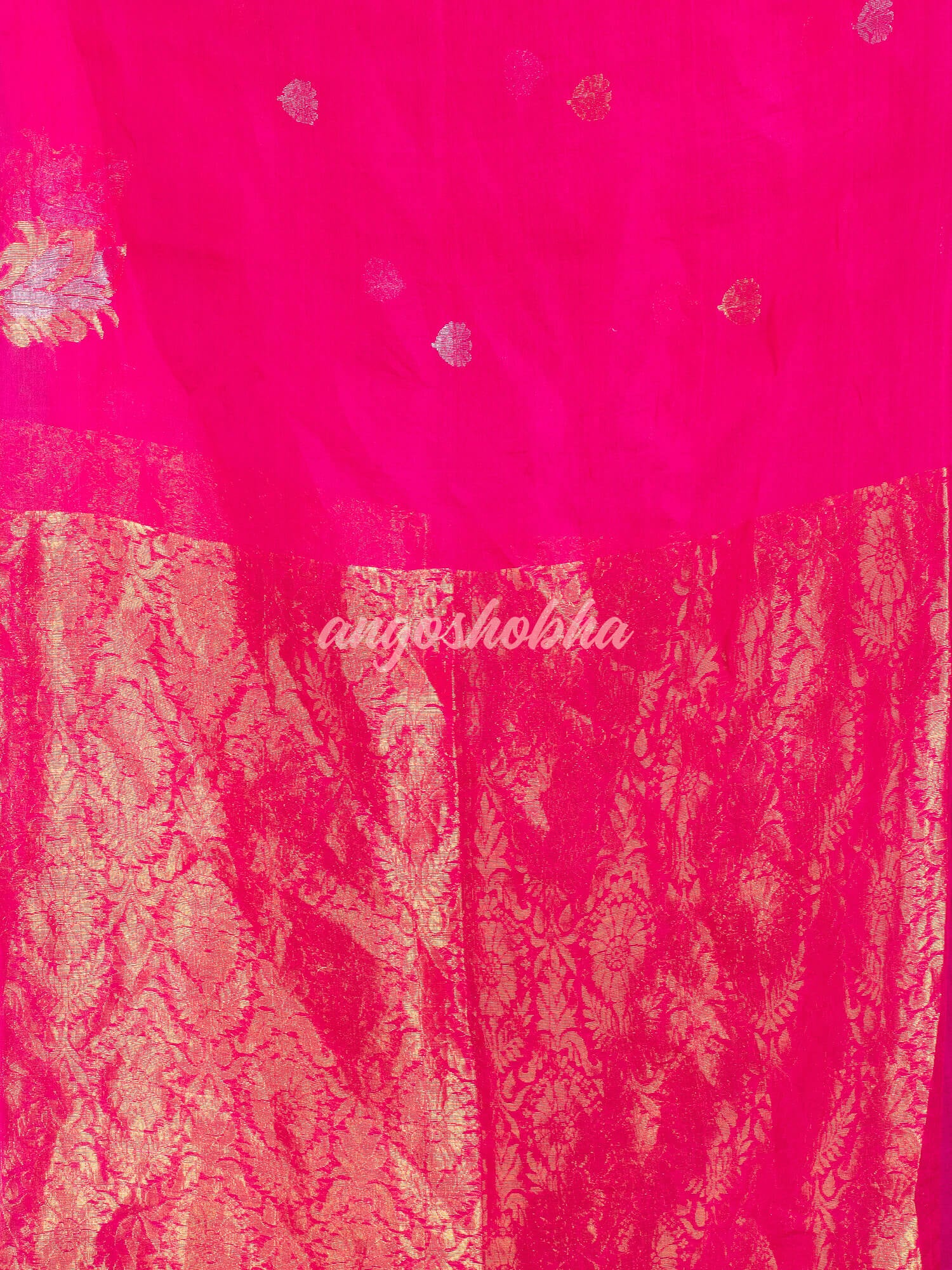 Fuscia Pink Pure Muslin Silk Leaf Motifs Textured Handwoven Saree