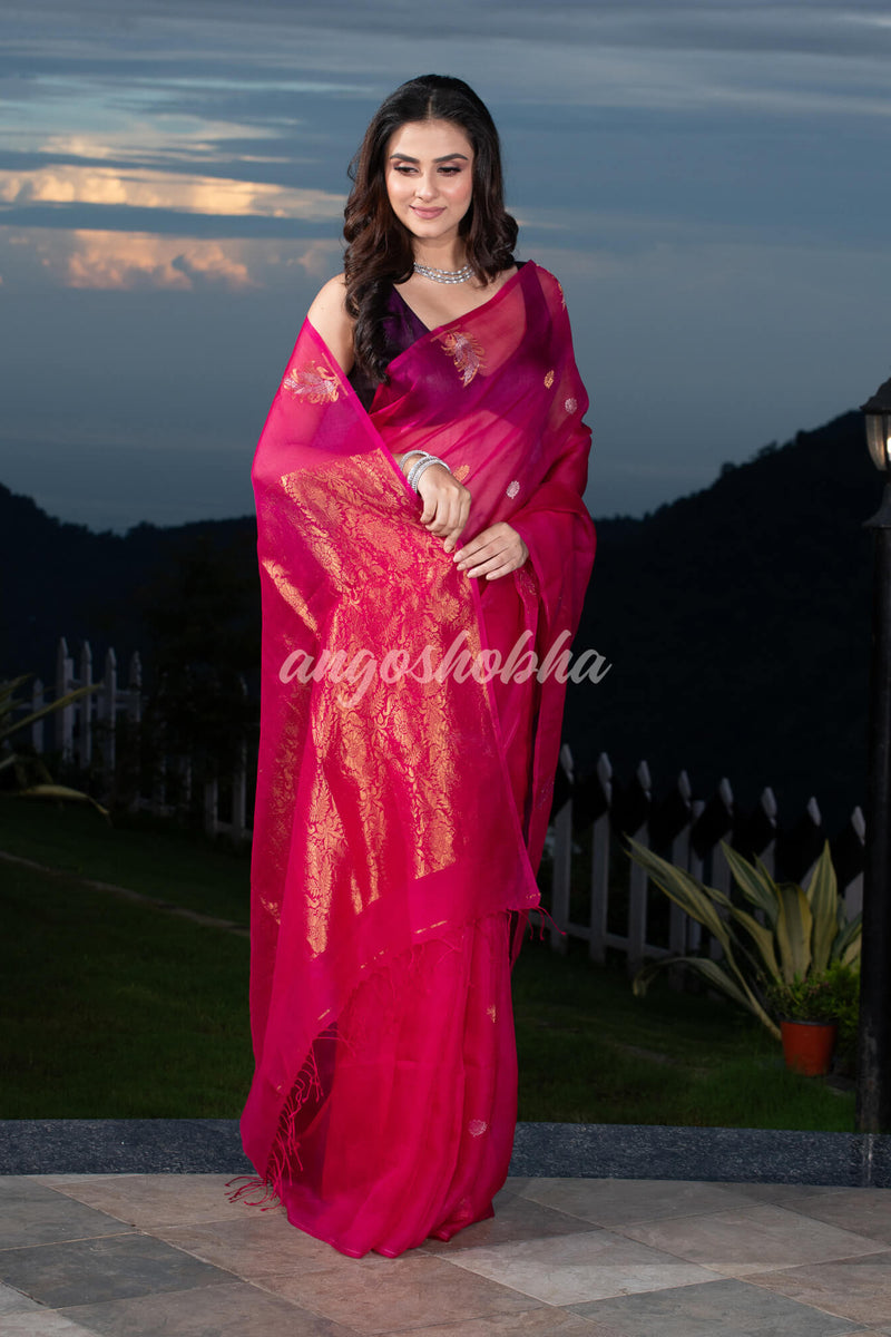 Fuscia Pink Pure Muslin Silk Leaf Motifs Textured Handwoven Saree