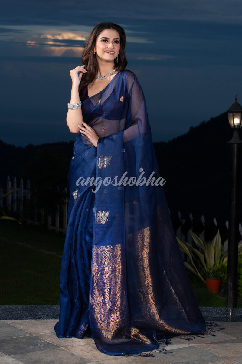 Visa Blue Pure Muslin Silk Leaf Motifs Textured Handwoven Saree