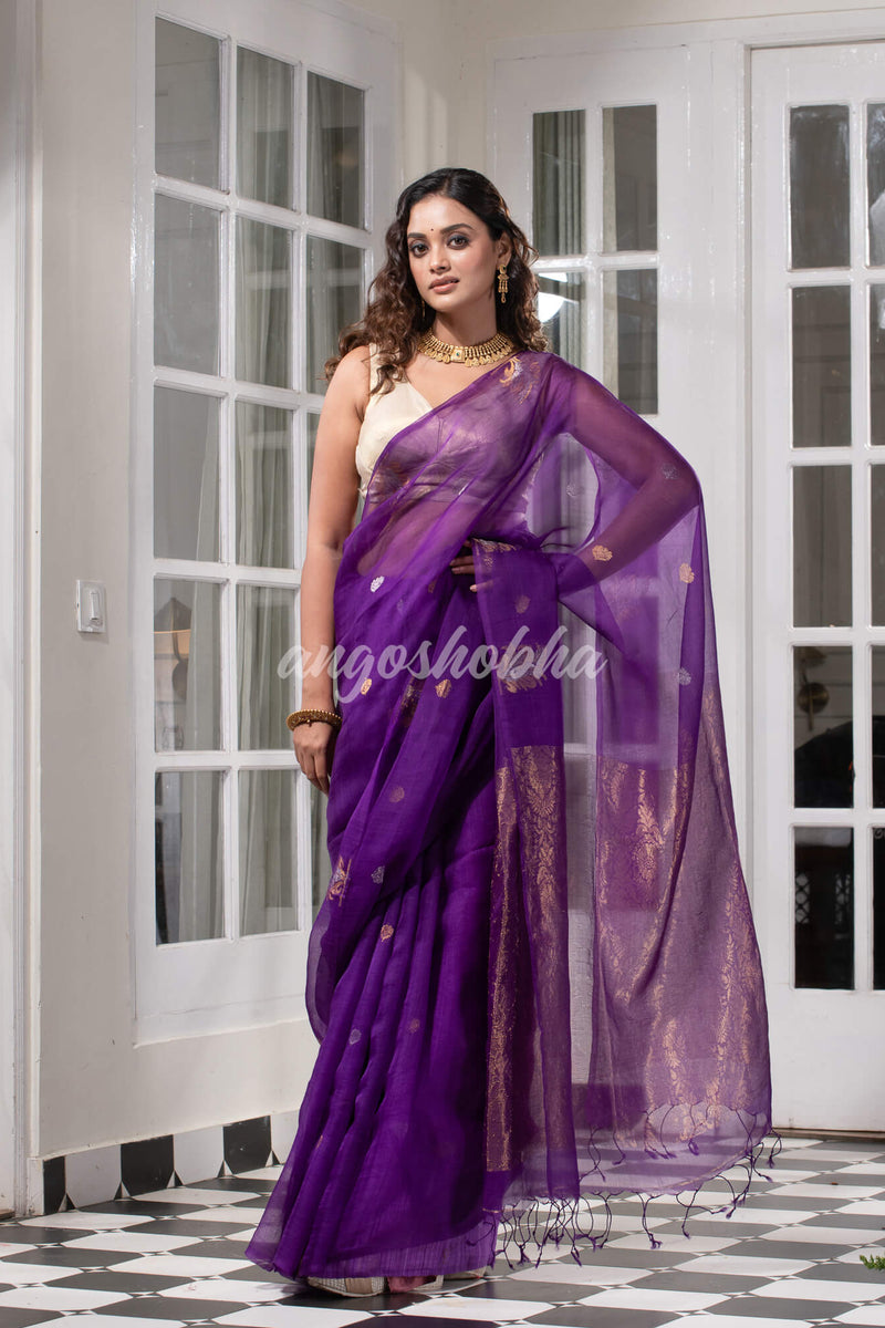 Violet Pure Muslin Silk Leaf Motifs Textured Handwoven Saree