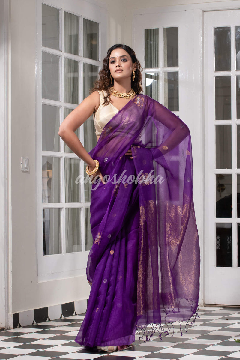 Violet Pure Muslin Silk Leaf Motifs Textured Handwoven Saree