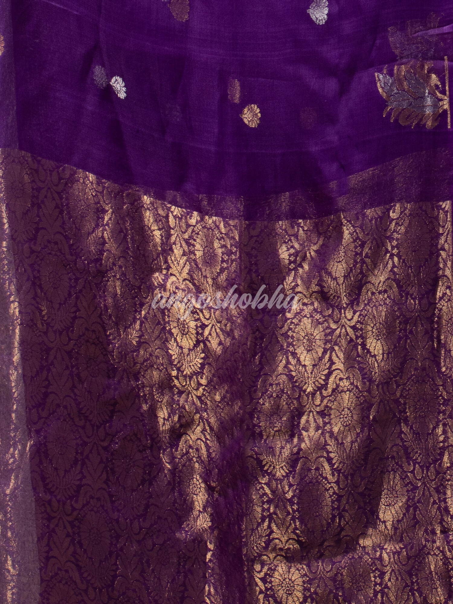 Violet Pure Muslin Silk Leaf Motifs Textured Handwoven Saree