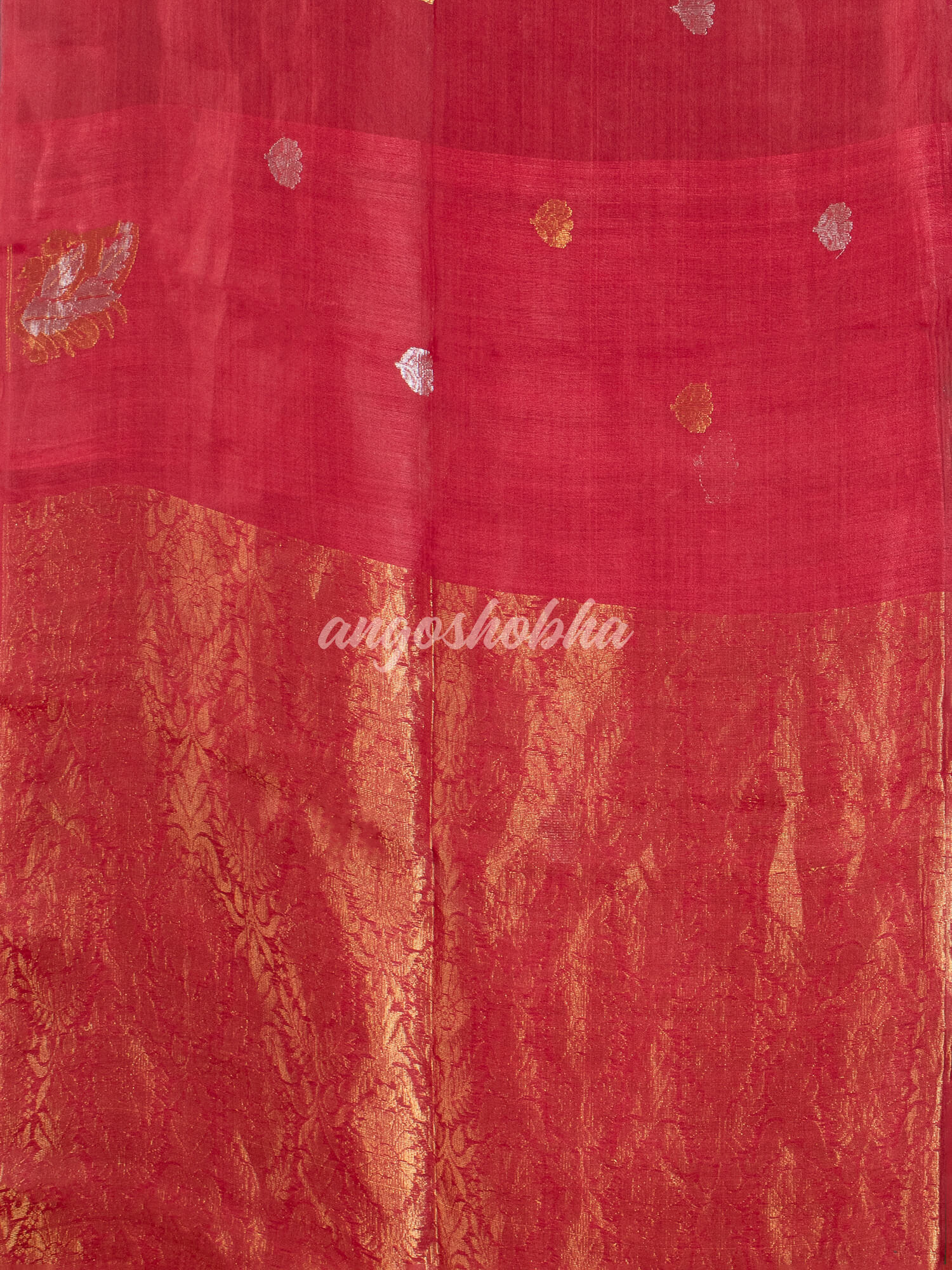 Red Pure Muslin Silk Leaf Motifs Textured Handwoven Saree