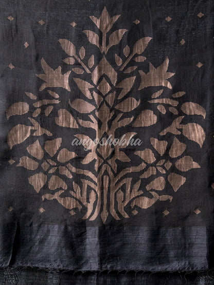 Black Matka Silk Light Golden Border Handwoven Saree
